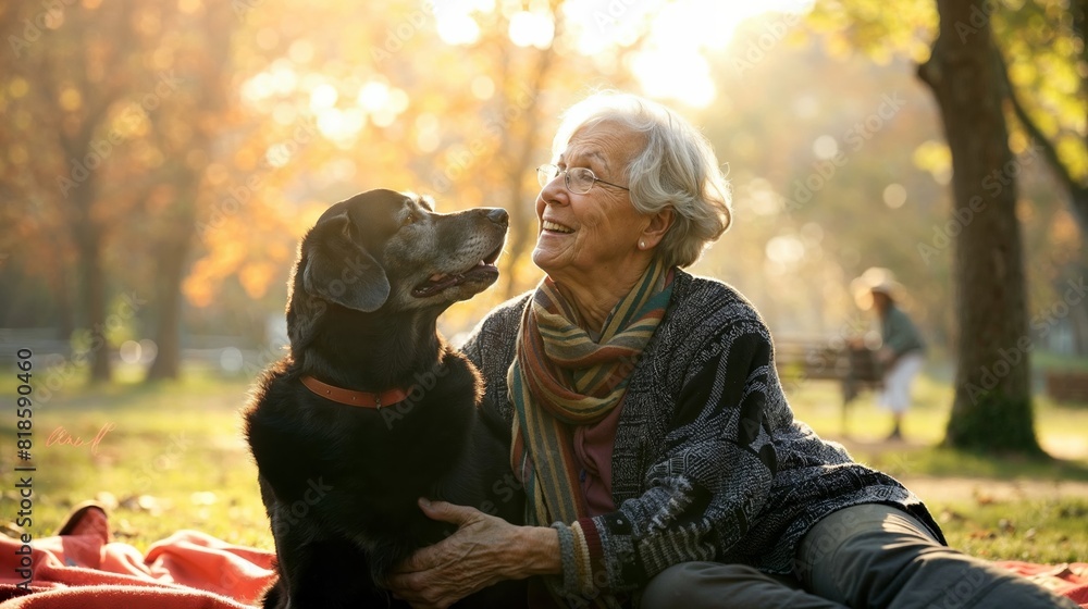 an elderly woman and her service dog sitting together on a blanket in a park an elderly woman and her service dog sitting together on a blanket in a park