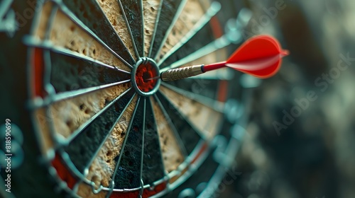 Darts, an arrow hitting the bullseye on a dartboard, focus on the target with a blurred background. Concept of success and goal achievement in business or sports. 