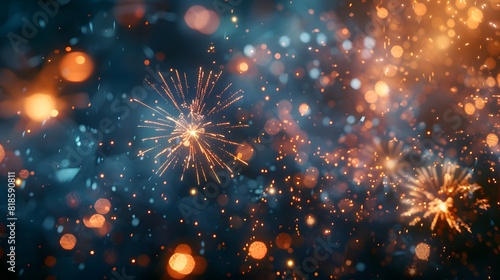 Festive colorful fireworks display on dark blue background with copy space for text, New Year celebration concept.
 photo
