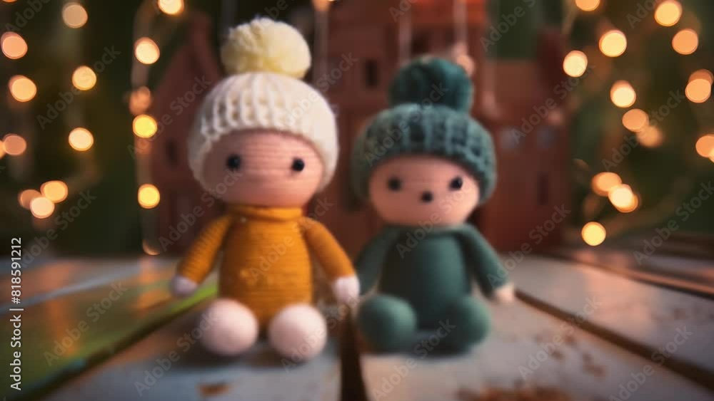 Handmade dolls wearing cozy winter hats sit side by side on a wooden surface, illuminated by soft, warm fairy lights in the background. Handmade dolls wearing cozy winter hats sit side by side on a wooden surface, illuminated by soft, warm fairy lights in the background.