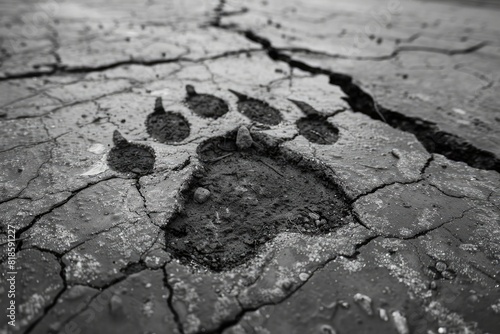 A black and white photo depicting a bear paw print in dried, cracked mud, symbolizing wildlife and nature's impact. photo