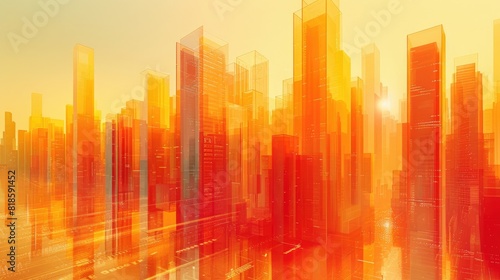 Abstract cityscape with vibrant orange and yellow hues  depicting futuristic urban architecture and dynamic energy.