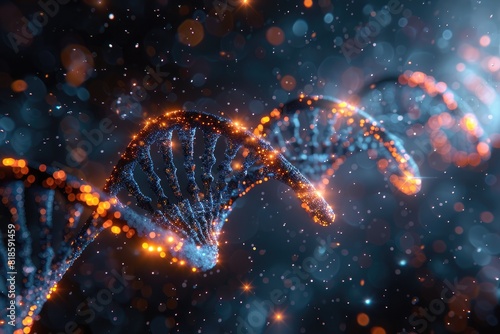 Abstract digital rendering of DNA double helix structure with glowing particles and bokeh effect, representing genetics and biotechnology.