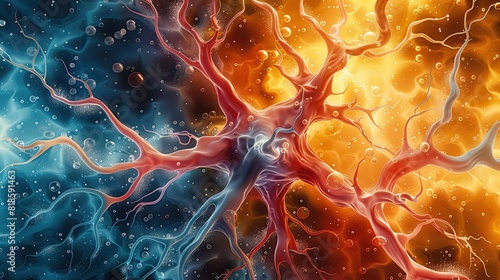 Abstract illustration depicting neuron connections with vibrant blue and orange contrasting colors representing brain activity.