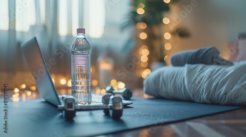 A bedroom floor with a glass water bottle, laptop, yoga mat, and dumbbells.