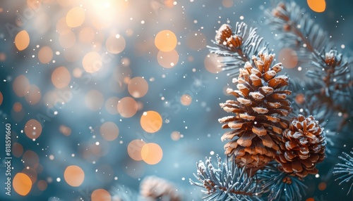 Christmas pine cones on a snowy tree branch with festive bokeh lights in the background  creating a beautiful and cozy winter holiday scene.