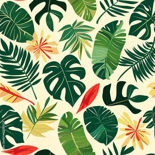 The image is a pattern of tropical leaves and flowers. The leaves are mostly green, with some yellow and red leaves. The flowers are red, yellow, and orange. The background is a light yellow color.