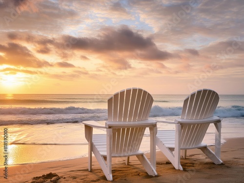 Two white wooden chairs on the beach  with ocean waves in front of them and cloudy sky above. The scene is captured at sunrise or sunset  creating an atmosphere of tranquility and relaxation.