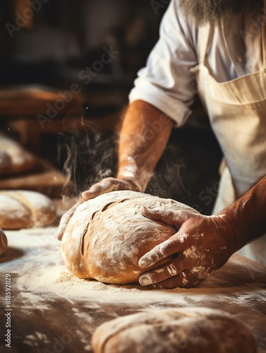 A baker kneads dough on a wooden table