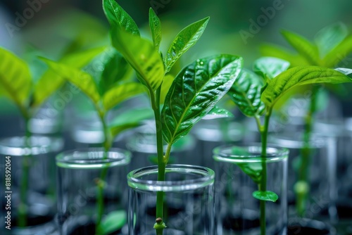 Close-up of young green plants growing in glass tubes in a laboratory setting. Concept of biotechnology  agriculture  and scientific research.