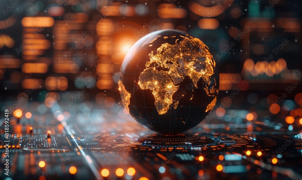 Fototapeta premium Glowing digital globe representing global connectivity and technology, surrounded by futuristic circuit boards with bokeh lights in background.