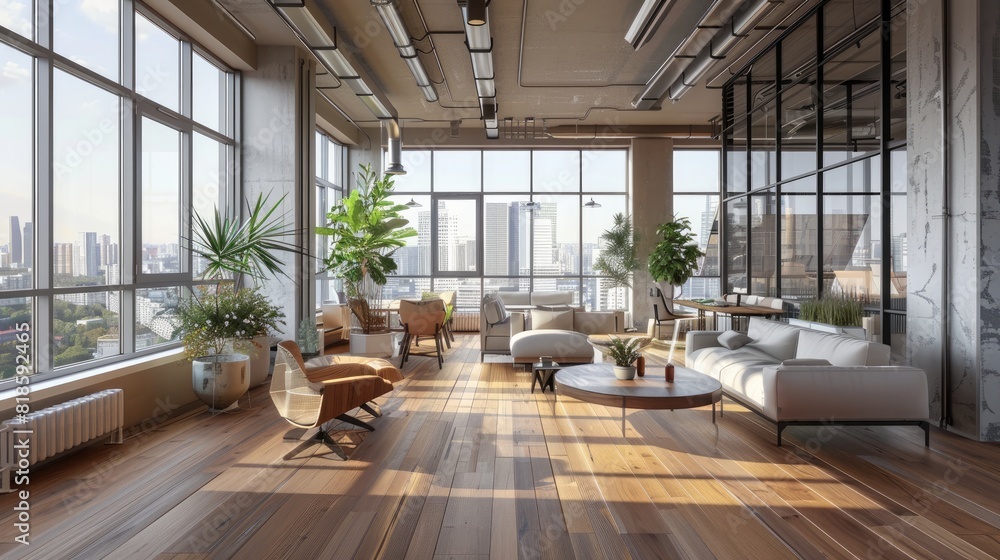 A bright, modern coworking space featuring wooden floors, stylish furniture, and large windows with a cityscape view.
A bright, modern coworking space featuring wooden floors, stylish furniture, and large windows with a cityscape view.