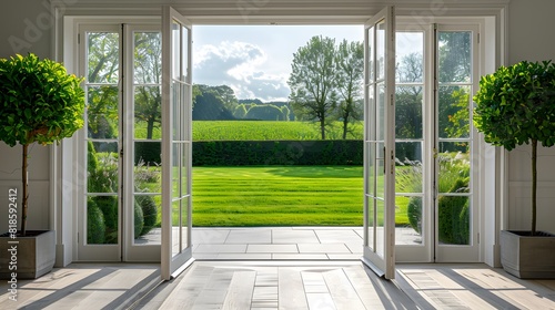 Open the prestigous white patio doors  view of a large garden with a lawn and trees and hedges  bright daylight. 
