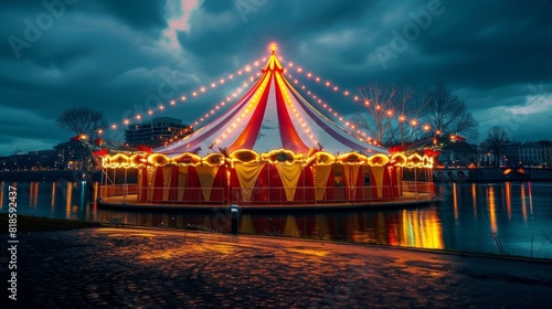A brightly lit circus tent stands out in the night  creating a festive atmosphere in the city.  