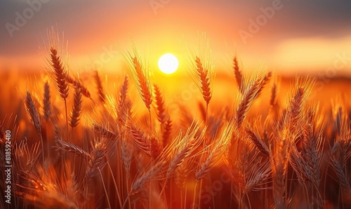Golden wheat field at sunset with sun rays illuminating the sky  symbolizing harvest and nature s beauty in a tranquil rural setting.