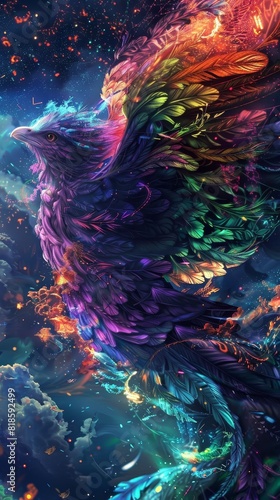 Neon Art of a hybrid creature  part bird  part woman  captured in a magical realism setting  utilizing a colorful  ethereal style with glowing effects