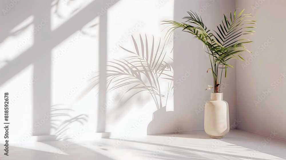 Green tropical plant on blank white wall background, aesthetic banner with copy space text, mock up