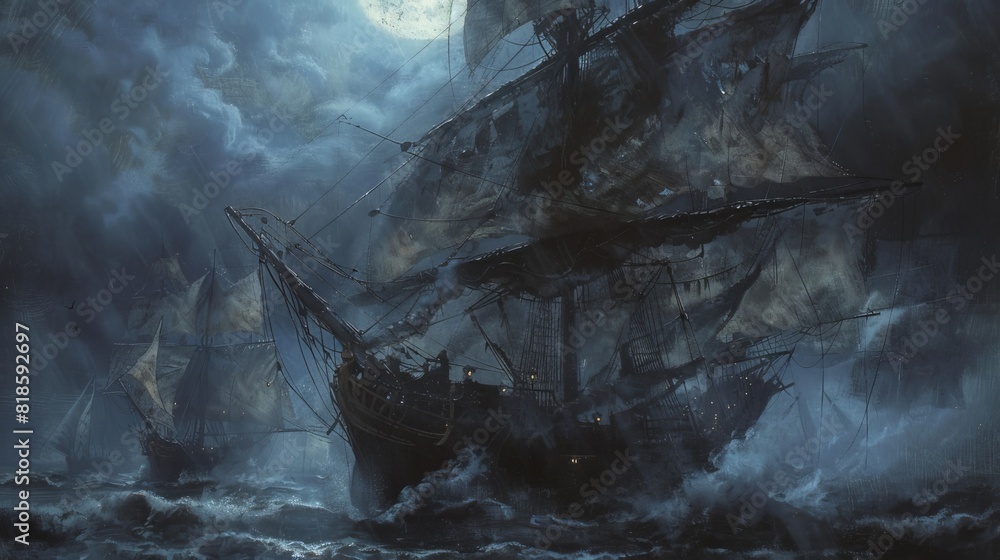 Detailed close-up, moonlit tattered sails, fog concealing pirate faces, evoking a mystical and awe-inspiring adventure Detailed close-up, moonlit tattered sails, fog concealing pirate faces, evoking a mystical and awe-inspiring adventure