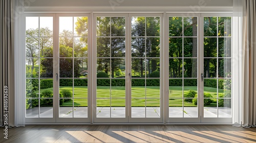 Open the prestigous white patio doors  view of a large garden with a lawn and trees and hedges  bright daylight. 