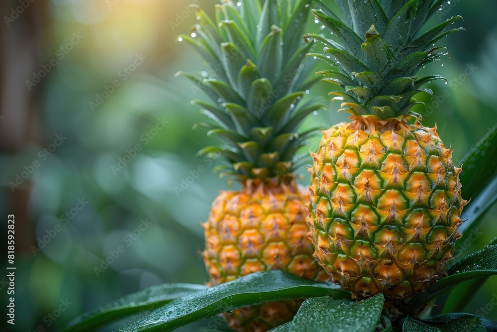 Two fresh pineapples growing on a tropical plant with green leaves, illuminated by sunlight. Ideal for food, healthy eating, and tropical themes. Two fresh pineapples growing on a tropical plant with green leaves, illuminated by sunlight. Ideal for food, healthy eating, and tropical themes.