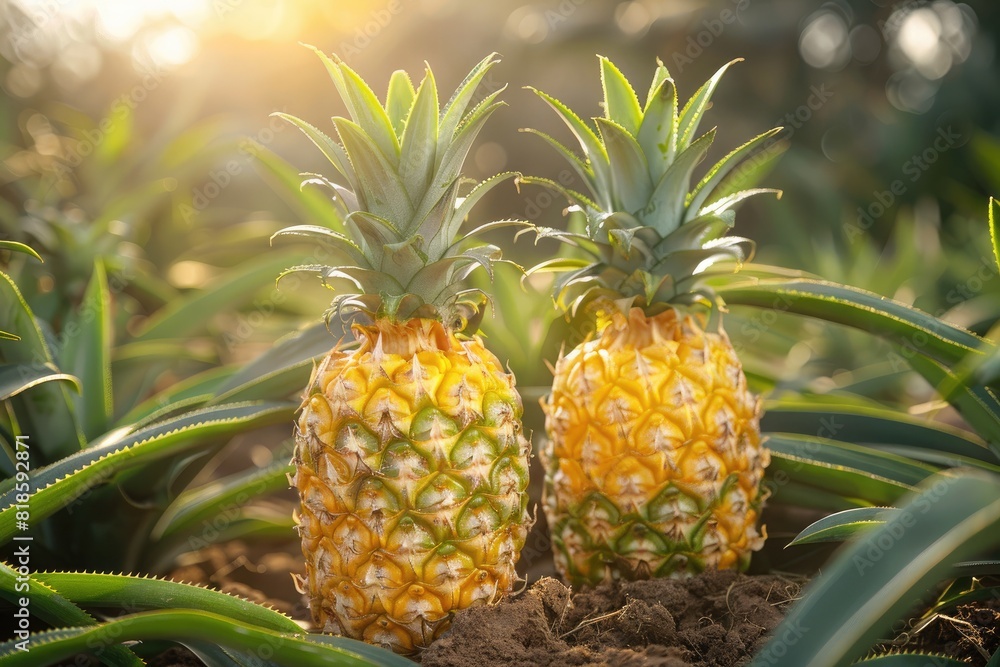 Two ripe pineapples growing in a field with sunlight illuminating the background, showcasing a tropical and natural environment. Two ripe pineapples growing in a field with sunlight illuminating the background, showcasing a tropical and natural environment.