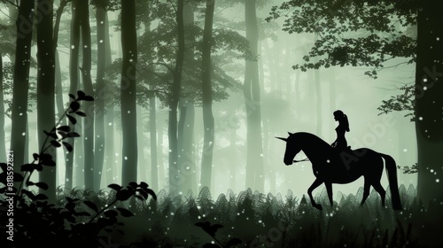 Silhouette of a young girl riding a mythical horse through an enchanted forest, symbolizing adventure and fantasy, with ample copy space for text
