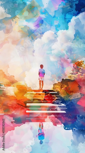 Surrealism of a runnerup at an abstract sports event, where the podium and surroundings morph into a dreamlike surreal landscape, rendered in softfocus watercolor photo