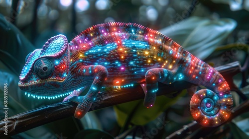 Vibrant chameleon with digital lights  blending into lush jungle environment  showcasing nature and technology fusion.