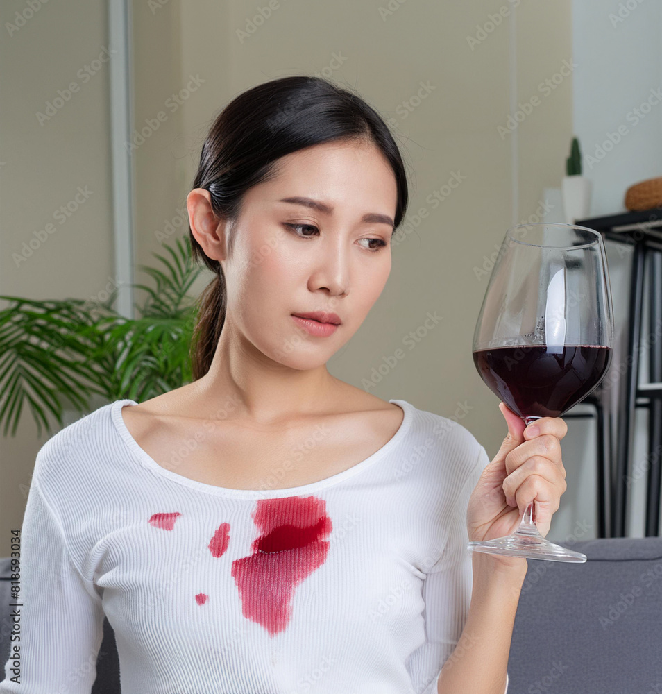 Young Asian woman is upset after spilling her glass of red wine on her clean white shirt, staining the front. Young Asian woman is upset after spilling her glass of red wine on her clean white shirt, staining the front.