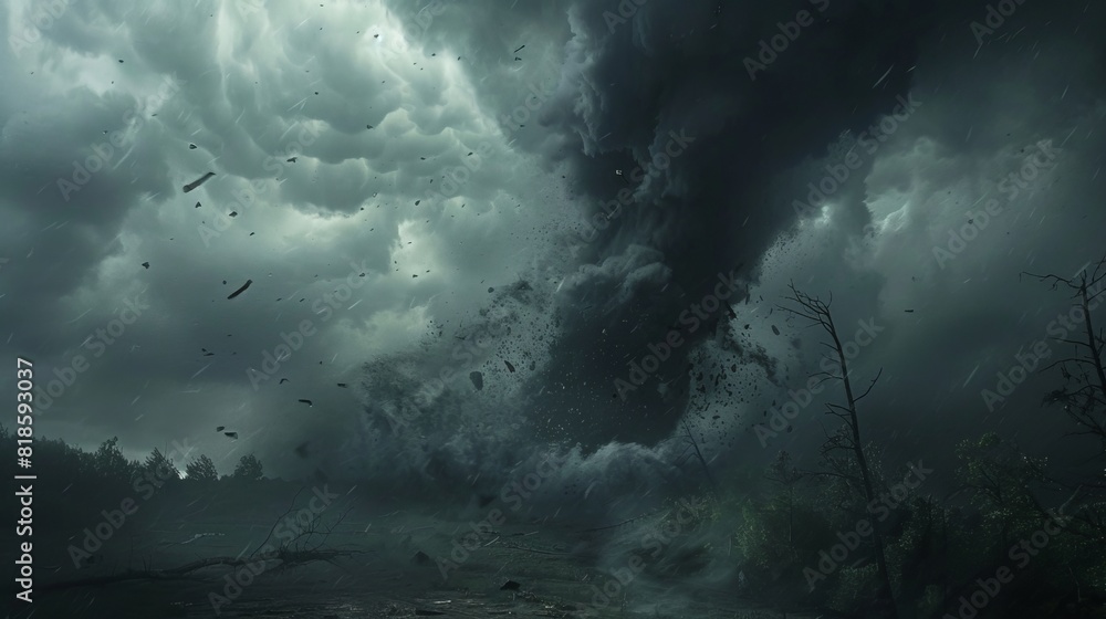 Fototapeta premium Fierce tornado twisting under dark, brooding clouds, with debris flying through the air, showcasing nature's raw power