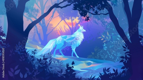 Vector Art of a kitsune in an enchanted forest, designed with geometric art influences, featuring an abstract, minimalist approach with cooltoned colors