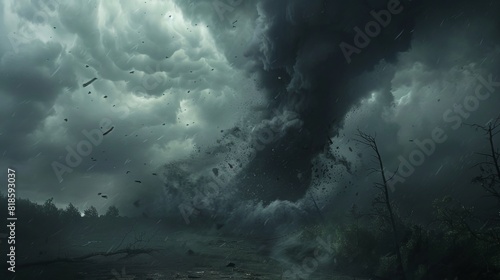 Fierce tornado twisting under dark  brooding clouds  with debris flying through the air  showcasing nature s raw power