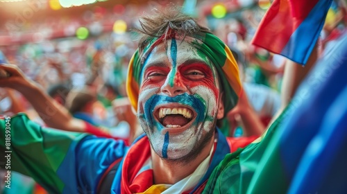 Euphoric Italian soccer fan celebrates with vibrant face paint, embracing team spirit and camaraderie at a lively stadium photo