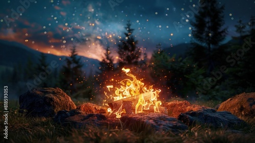 A glowing campfire at dusk  creating a warm ambiance for enjoying the summer wilderness.  