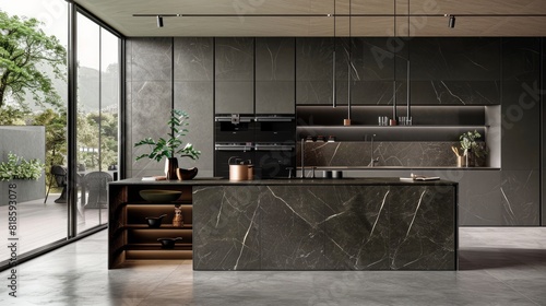 A sleek designer kitchen with smooth, handleless cabinets featuring black edges and glass surfaces.

