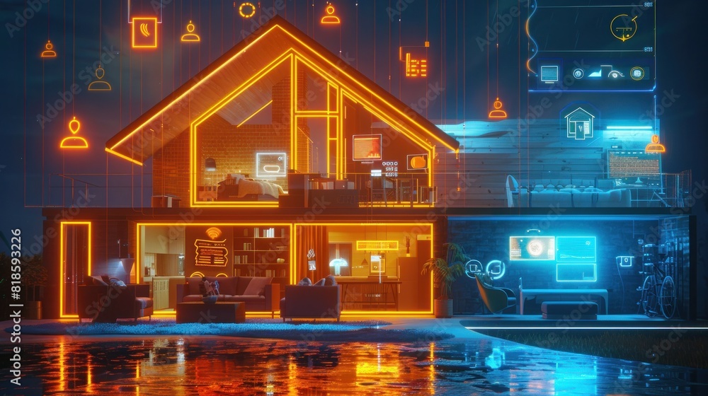 A futuristic HUD display of a house, showcasing diverse icons and a home management interface.

