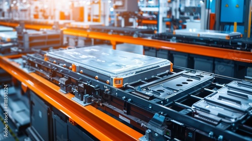 High-resolution shot of electric car battery cells on an automated assembly line, focus on technology and efficiency in an industrial setting photo