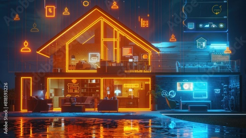 A futuristic HUD display of a house, showcasing diverse icons and a home management interface.