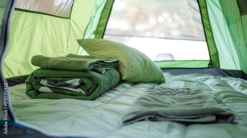 A cozy setup inside a green tent, complete with a mattress, cushion, sheets, and towels.

 photo