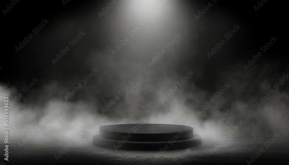 Podium black dark smoke background product platform abstract stage texture fog spotlight.
