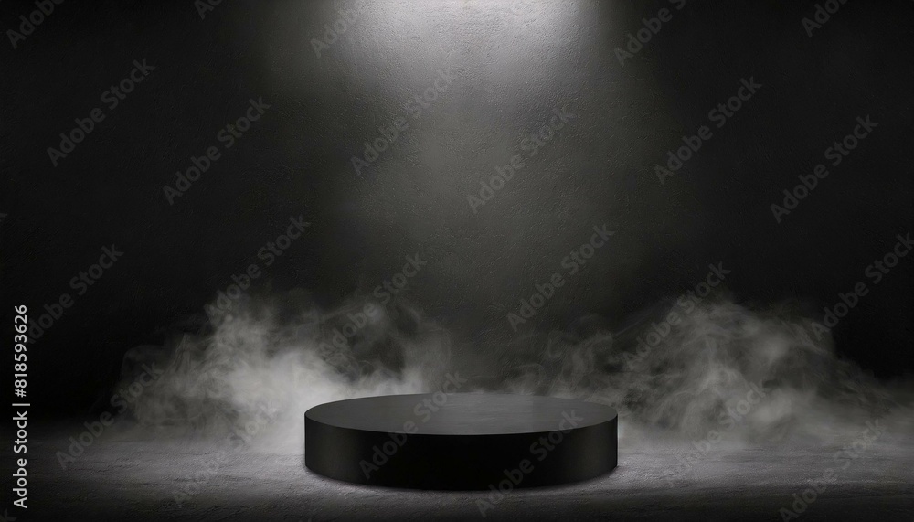 Podium black dark smoke background product platform abstract stage texture fog spotlight.