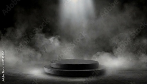 Podium black dark smoke background product platform abstract stage texture fog spotlight.