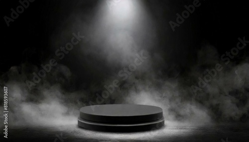 Podium black dark smoke background product platform abstract stage texture fog spotlight.