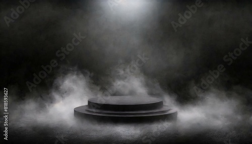 Podium black dark smoke background product platform abstract stage texture fog spotlight.