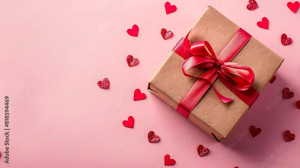 Gift box with Valentines hearts on pink background