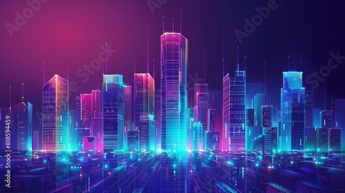 Concept of a futuristic digital city with high towers.  