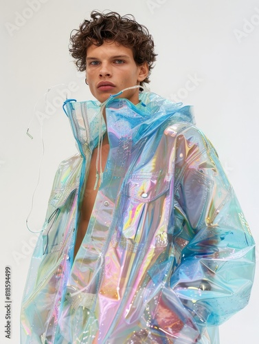 moda urbana sostenible gorpcore, streetwear cambio climÃ¡tico, chaqueta de plÃ¡stico transparente, vestuario futurista con prendas recicladas photo