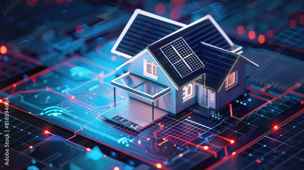 A smart home display showing a model house with a solar panel.
A smart home display showing a model house with a solar panel.