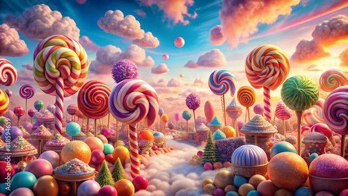 a whimsical, colorful image of a candy land dreamscape.
