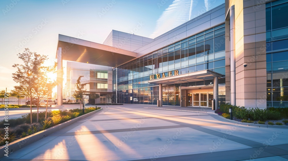The hospital facade showcases clean lines and contemporary design elements. The hospital facade showcases clean lines and contemporary design elements.